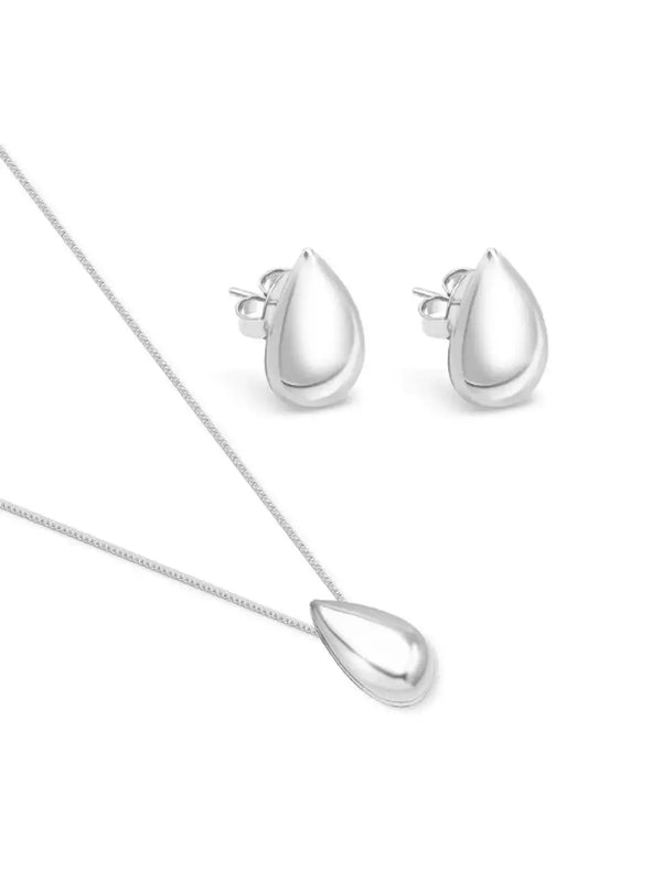 Conjunto Feminino Colar e Brincos Gota em Metal com Banho de Prata – Serenité