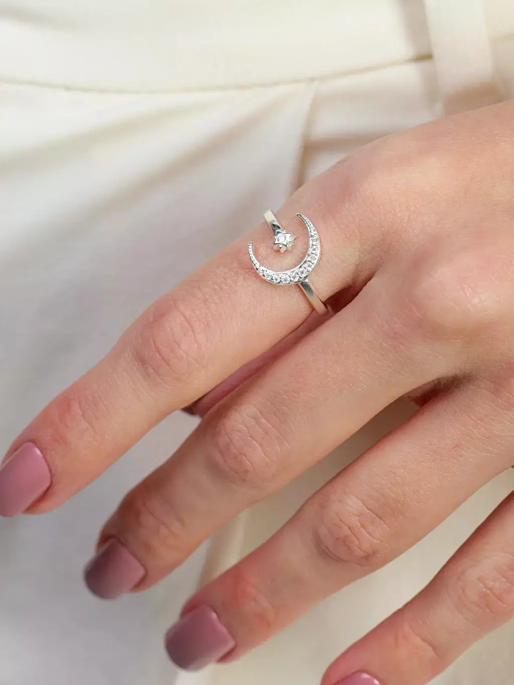 Anel Feminino Regulável em Prata 925 Cravejado Estrela e Lua – Serenité