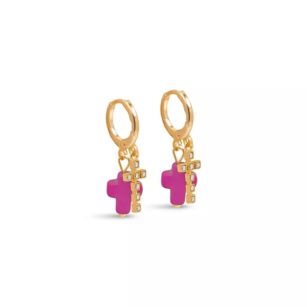 Brinco Feminino Argola Dupla Cruz Rosa com Banho de Ouro e Zircônias – Serenité