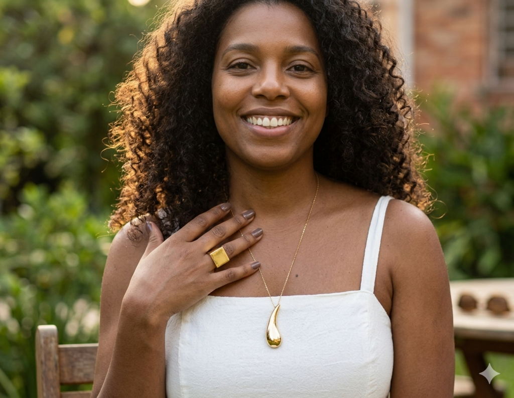 Colar Feminino Vírgula com Pingente Orgânico em Banho de Ouro – Serenité