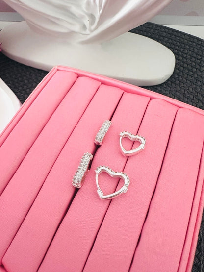 Kit Brincos Femininos Argola Dupla com Zircônia Coração Banhado a Ródio – Serenité