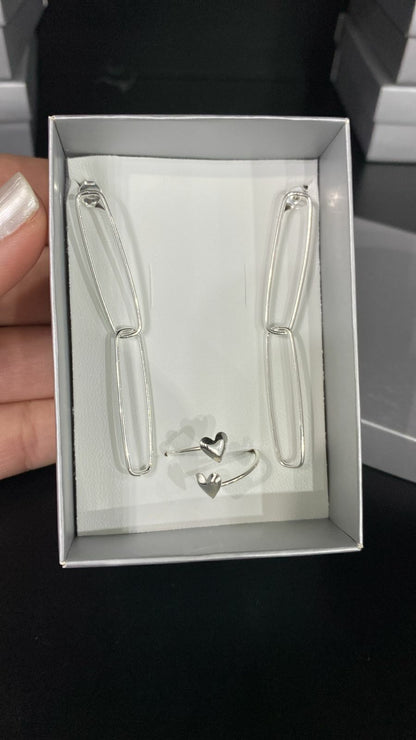 Conjunto Feminino Brinco Corrente e Anel Regulável Coração em Prata 925 – Serenité