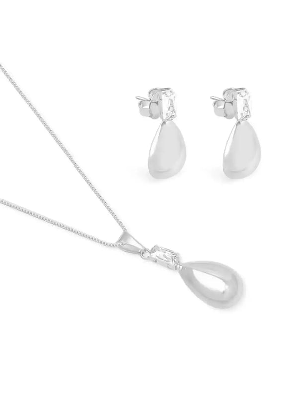Conjunto Feminino de Colar e Brincos Gota em Metal com Banho de Prata – Serenité